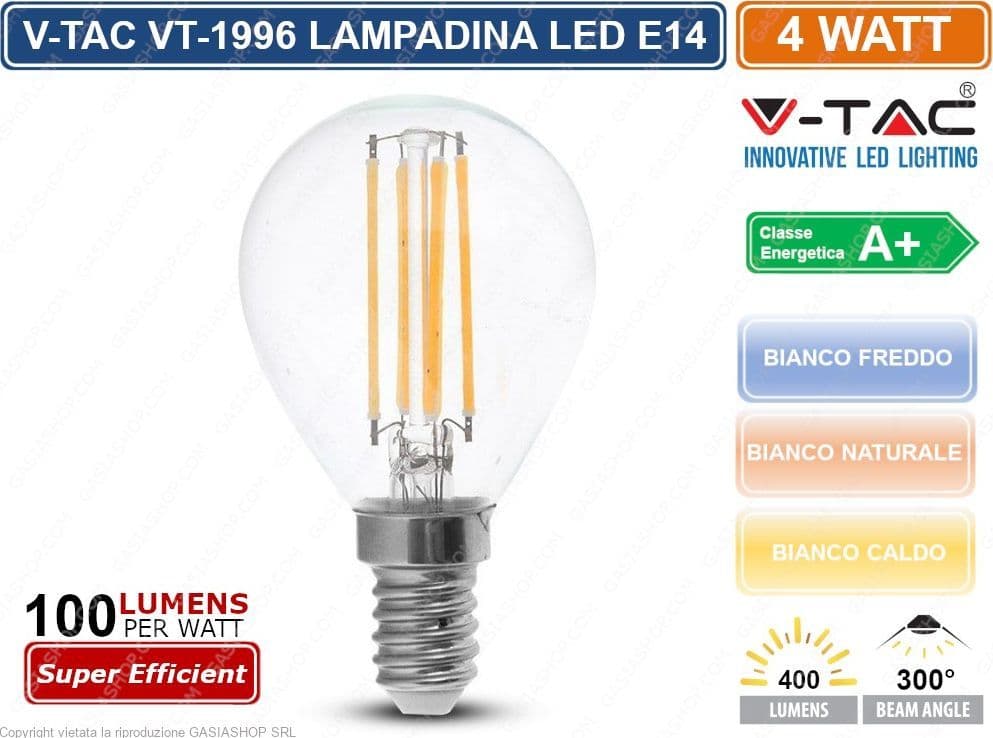V-TAC VT-1996 LAMPADINA LED E14 4W MINIGLOBO FILAMENTO P45 - SKU 4300 / 4425 / 4426 - 2