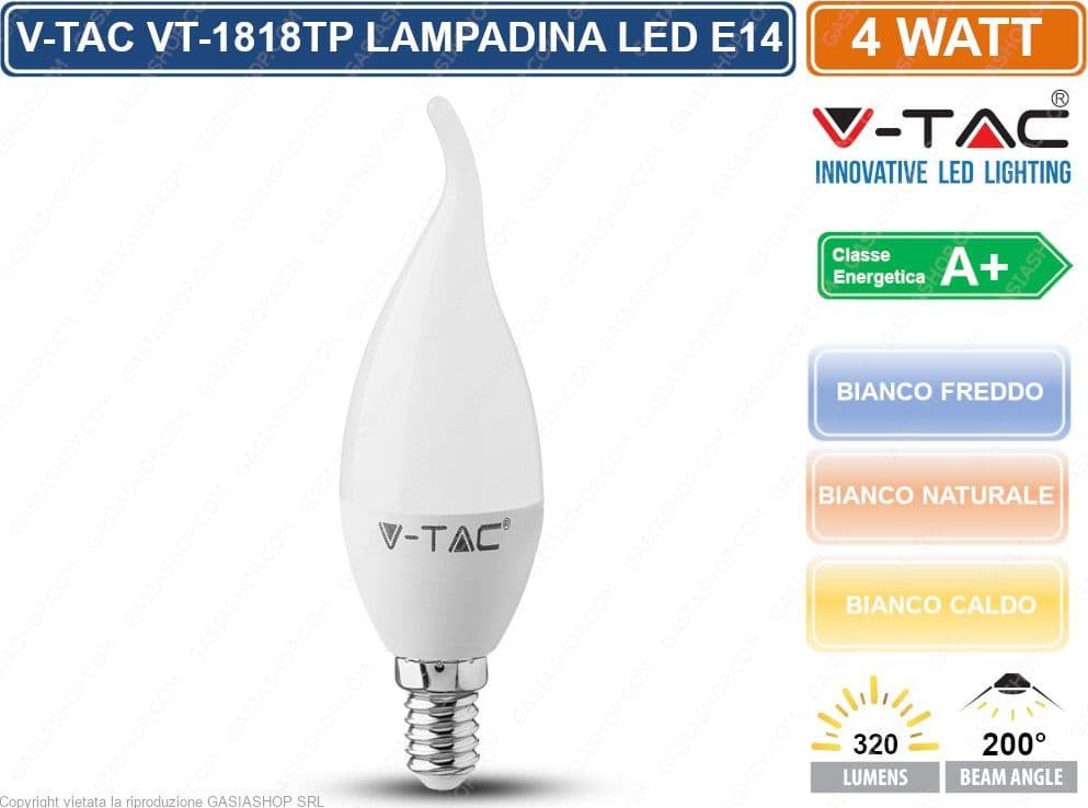 V-TAC VT-1818TP LAMPADINA LED E14 4W CANDELA FIAMMA - SKU 4164 / 4156 / 4354 - 3