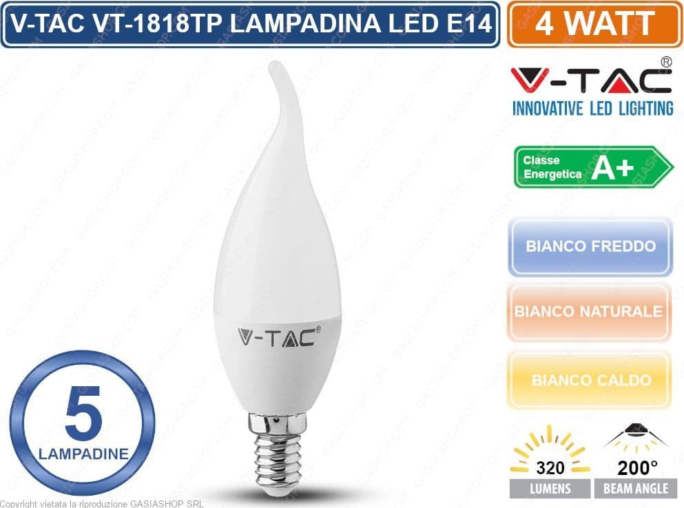 CONFEZIONE 5 PEZZI V-TAC VT-1818TP LAMPADINA LED E14 4W CANDELA FIAMMA - SKU 4164 / 4156 / 4354 - 3