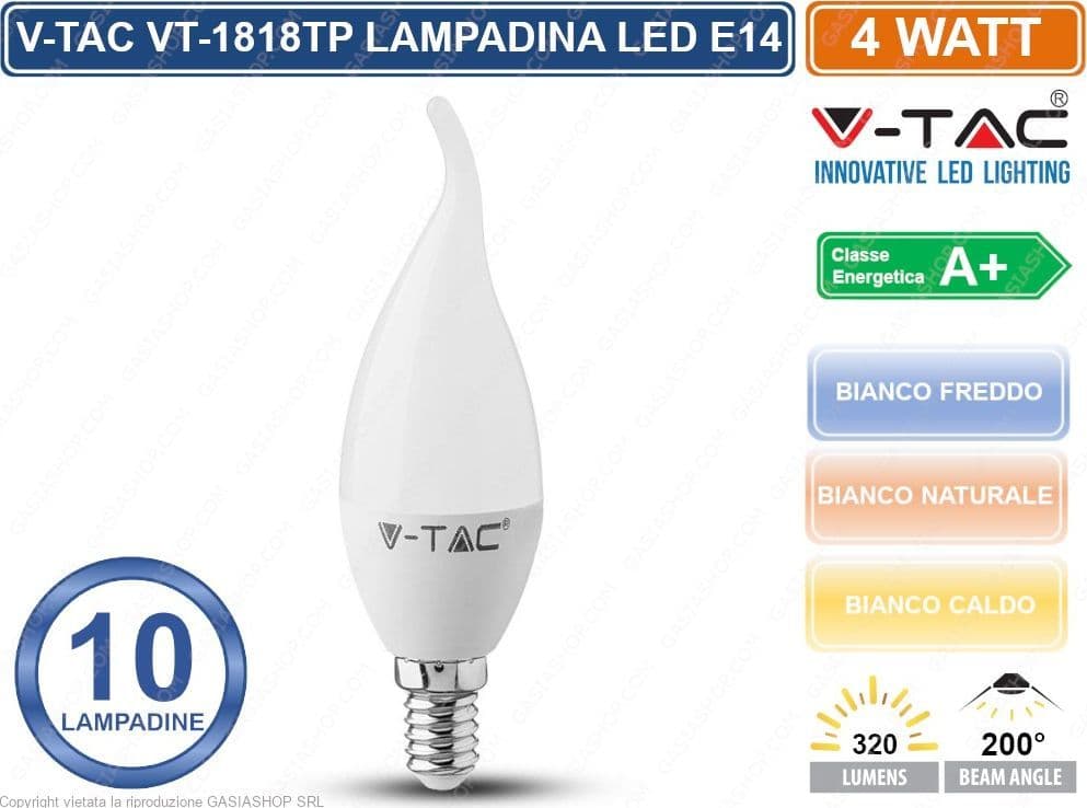CONFEZIONE 10 PEZZI V-TAC VT-1818TP LAMPADINA LED E14 4W CANDELA FIAMMA - SKU 4164 / 4156 / 4354 - 3