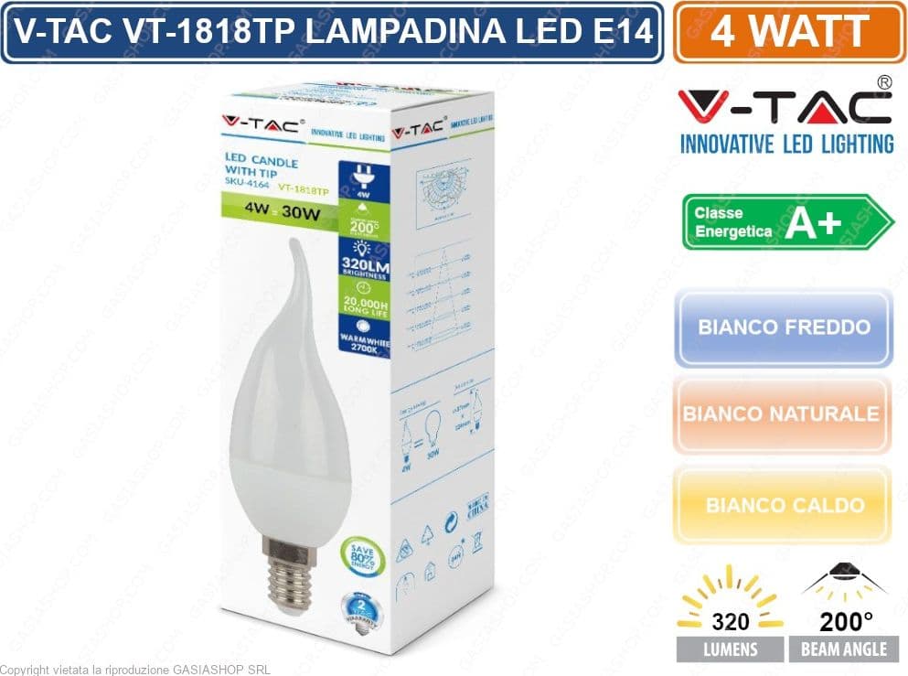 CONFEZIONE 10 PEZZI V-TAC VT-1818TP LAMPADINA LED E14 4W CANDELA FIAMMA - SKU 4164 / 4156 / 4354 - 2