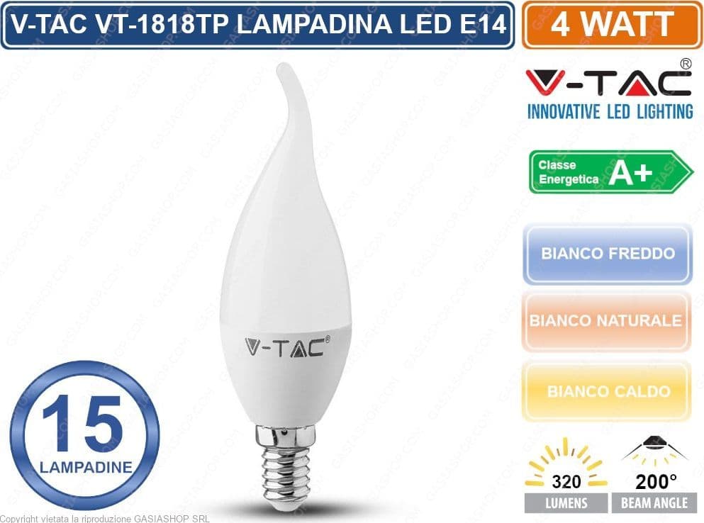 CONFEZIONE 15 PEZZI V-TAC VT-1818TP LAMPADINA LED E14 4W CANDELA FIAMMA - SKU 4164 / 4156 / 4354 - 3