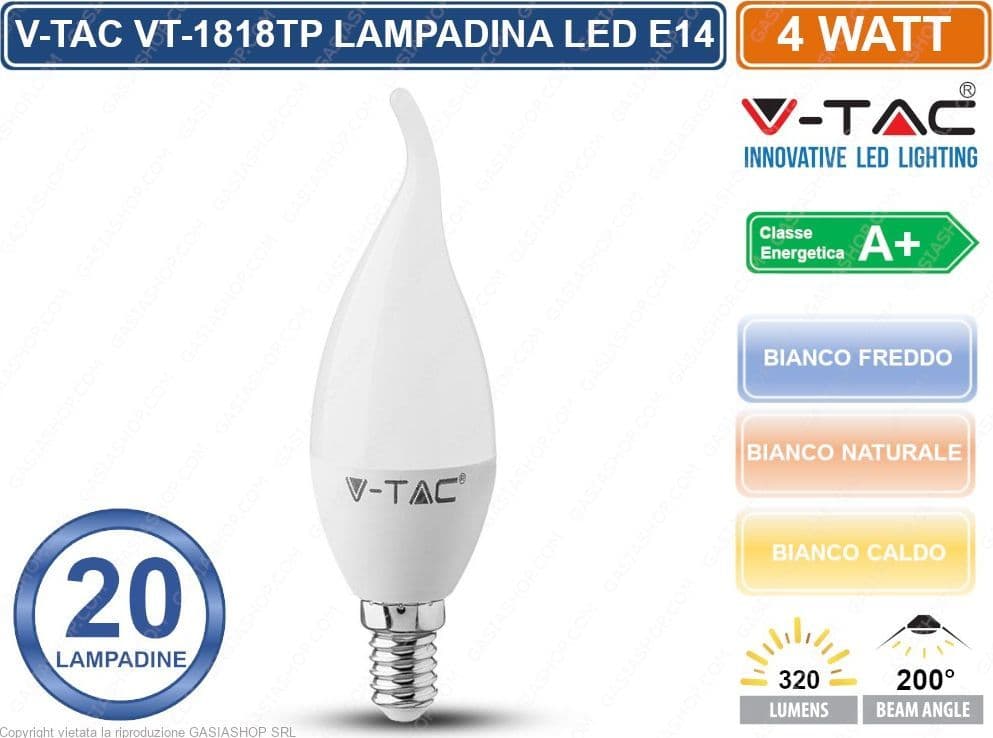 CONFEZIONE 20 PEZZI V-TAC VT-1818TP LAMPADINA LED E14 4W CANDELA FIAMMA - SKU 4164 / 4156 / 4354 - 3