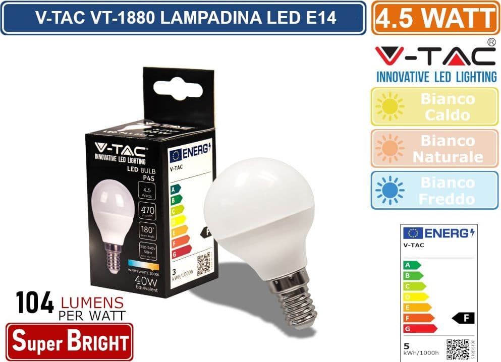 V-TAC VT-1880 LAMPADINA LED E14 4.5W BULB P45 MINIGLOBO SMD - SKU 2142501 / 2142511 / 2142521 - 2