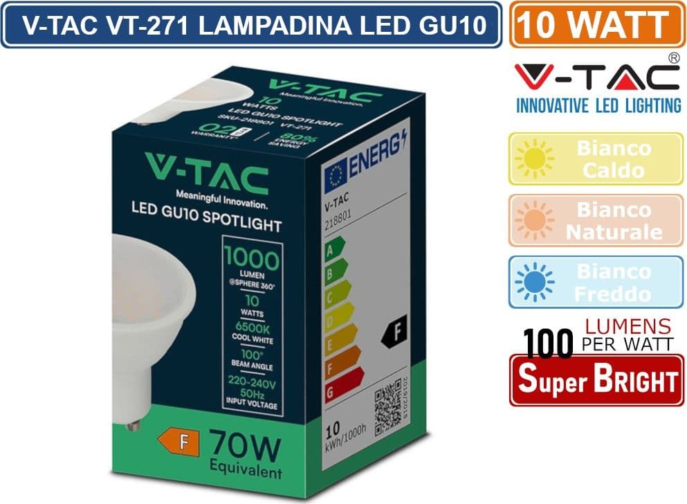 CONFEZIONE 15 PEZZI VT-271 LAMPADINA SMD LED GU10 10W FARETTO SPOTLIGHT 100° 1000 LUMEN - SKU 218781 / 218791 / 218801 - 4
