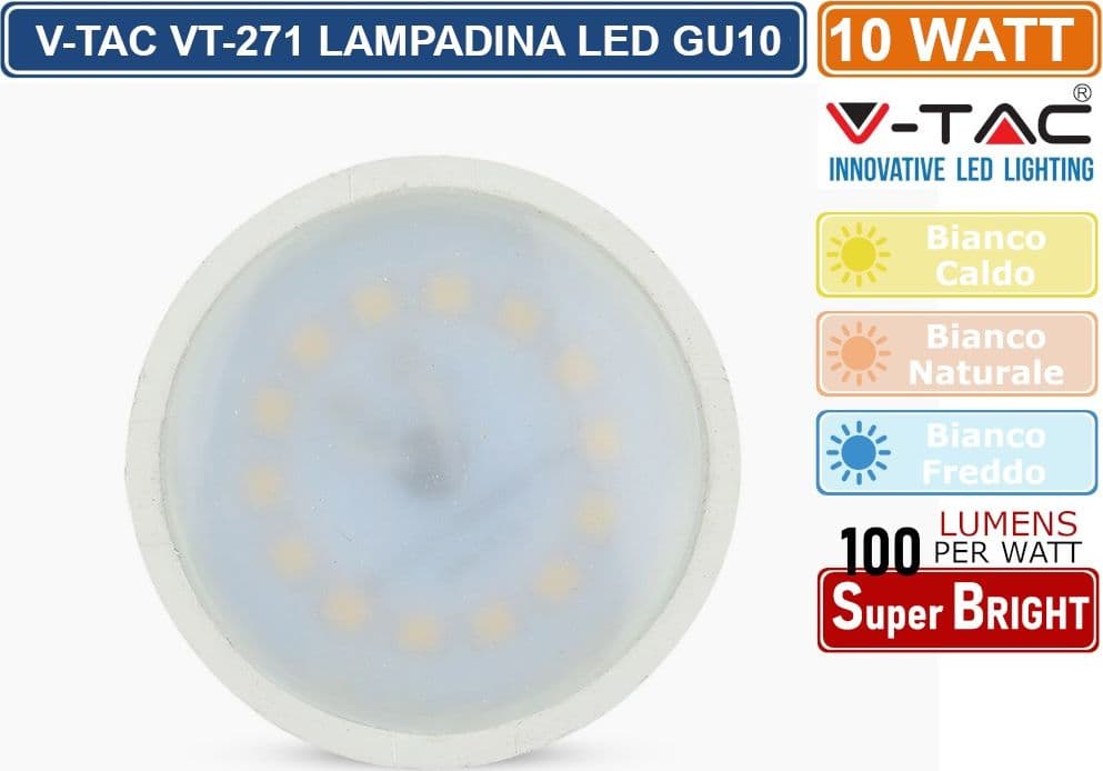 CONFEZIONE 20 PEZZI V-TAC VT-271 LAMPADINA SMD LED GU10 10W FARETTO SPOTLIGHT 100° 1000 LUMEN - SKU 218781 / 218791 / 218801 - 2