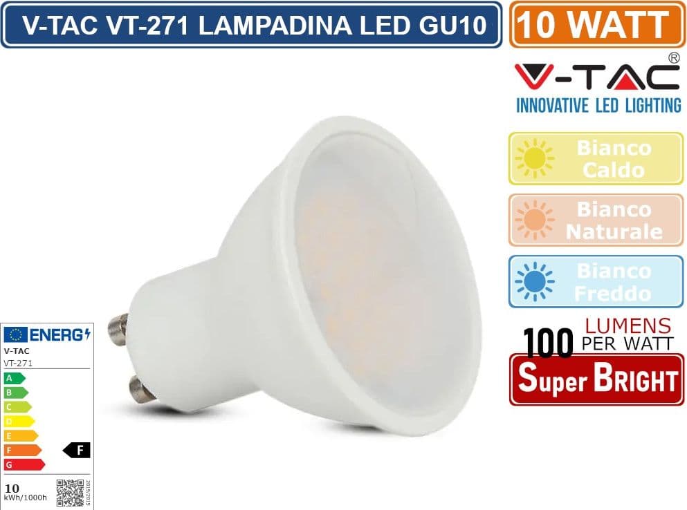 CONFEZIONE 20 PEZZI V-TAC VT-271 LAMPADINA SMD LED GU10 10W FARETTO SPOTLIGHT 100° 1000 LUMEN - SKU 218781 / 218791 / 218801 - 3