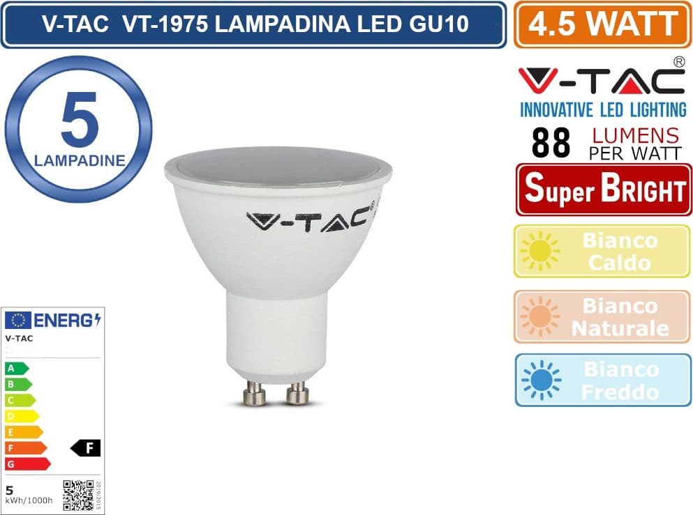 CONFEZIONE 5 PEZZI  V-TAC VT-1975 LAMPADINA LED GU10 4,5W FARETTO SPOTLIGHT 100° - SKU 211685 / 211686 / 211687 - 2