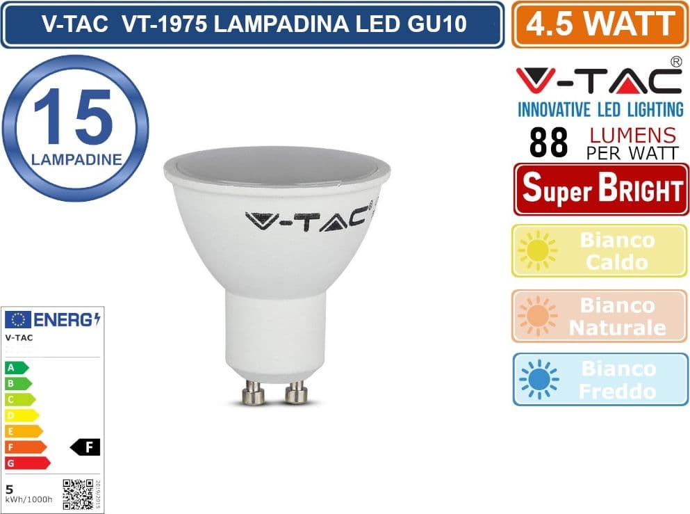 CONFEZIONE 15 PEZZI  V-TAC VT-1975 LAMPADINA LED GU10 4,5W FARETTO SPOTLIGHT 100° - SKU 211685 / 211686 / 211687 - 2