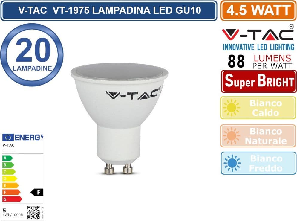 CONFEZIONE 20 PEZZI  V-TAC VT-1975 LAMPADINA LED GU10 4,5W FARETTO SPOTLIGHT 100° - SKU 211685 / 211686 / 211687 - 2