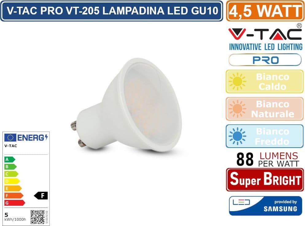 CONFEZIONE 15 PEZZI V-TAC PRO VT-205 LAMPADINA LED GU10 4,5W FARETTO SPOTLIGHT CHIP SAMSUNG 100° - SKU 21201 / 21202 / 21203 - 2