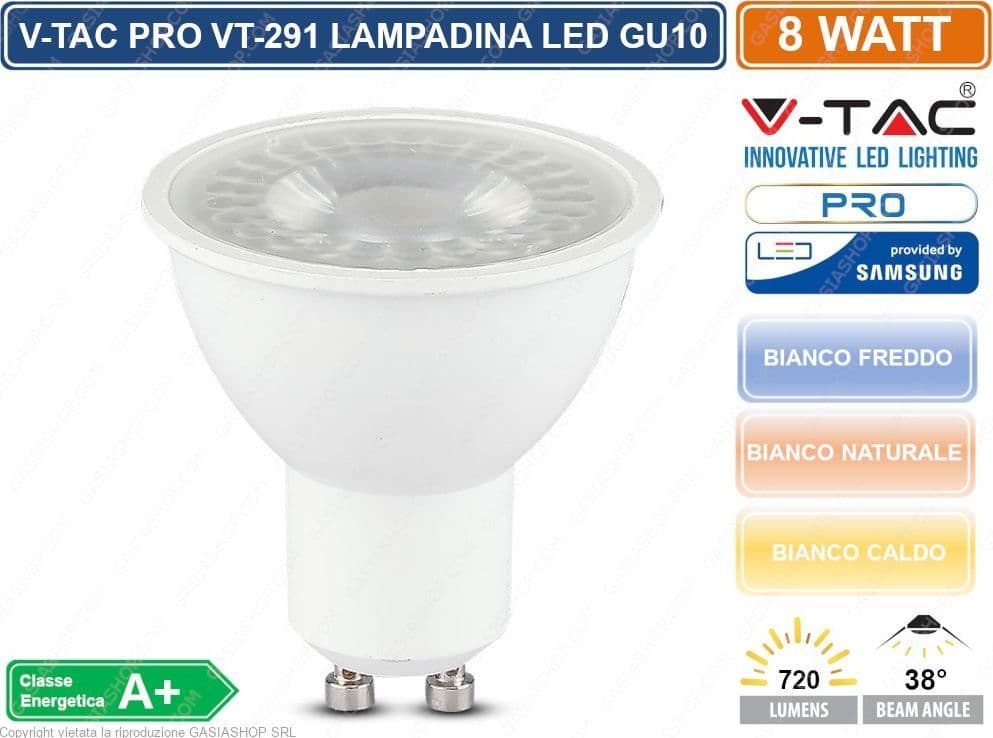 V-TAC PRO VT-291 LAMPADINA LED GU10 8W FARETTO SPOTLIGHT CHIP SAMSUNG 38° - SKU 875 / 876 / 877 - 4