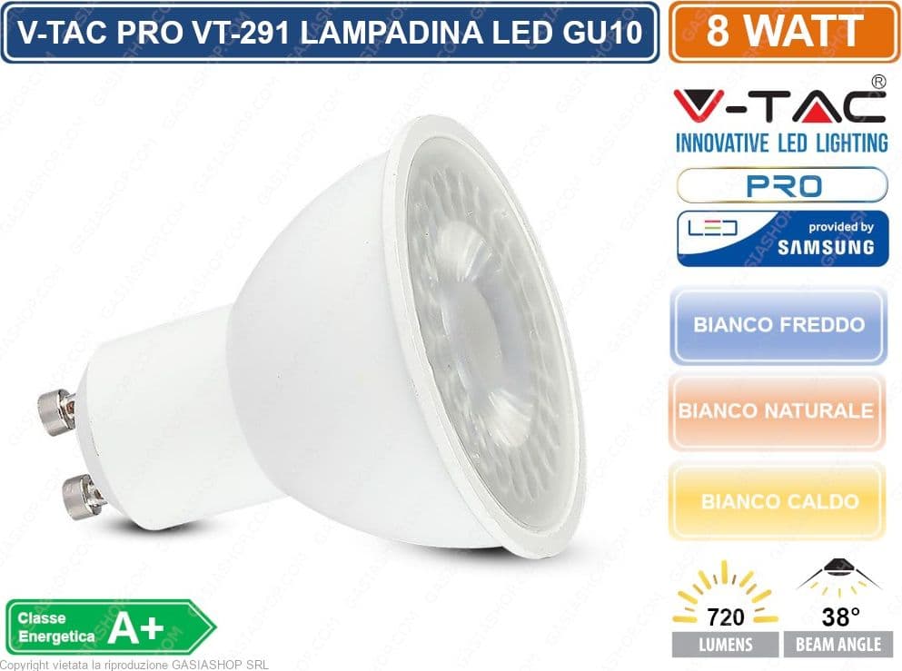 V-TAC PRO VT-291 LAMPADINA LED GU10 8W FARETTO SPOTLIGHT CHIP SAMSUNG 38° - SKU 875 / 876 / 877 - 2