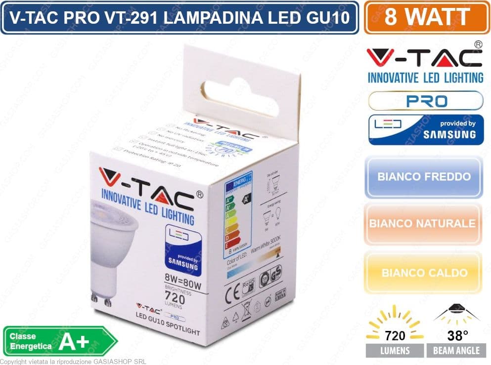 V-TAC PRO VT-291 LAMPADINA LED GU10 8W FARETTO SPOTLIGHT CHIP SAMSUNG 38° - SKU 875 / 876 / 877 - 3