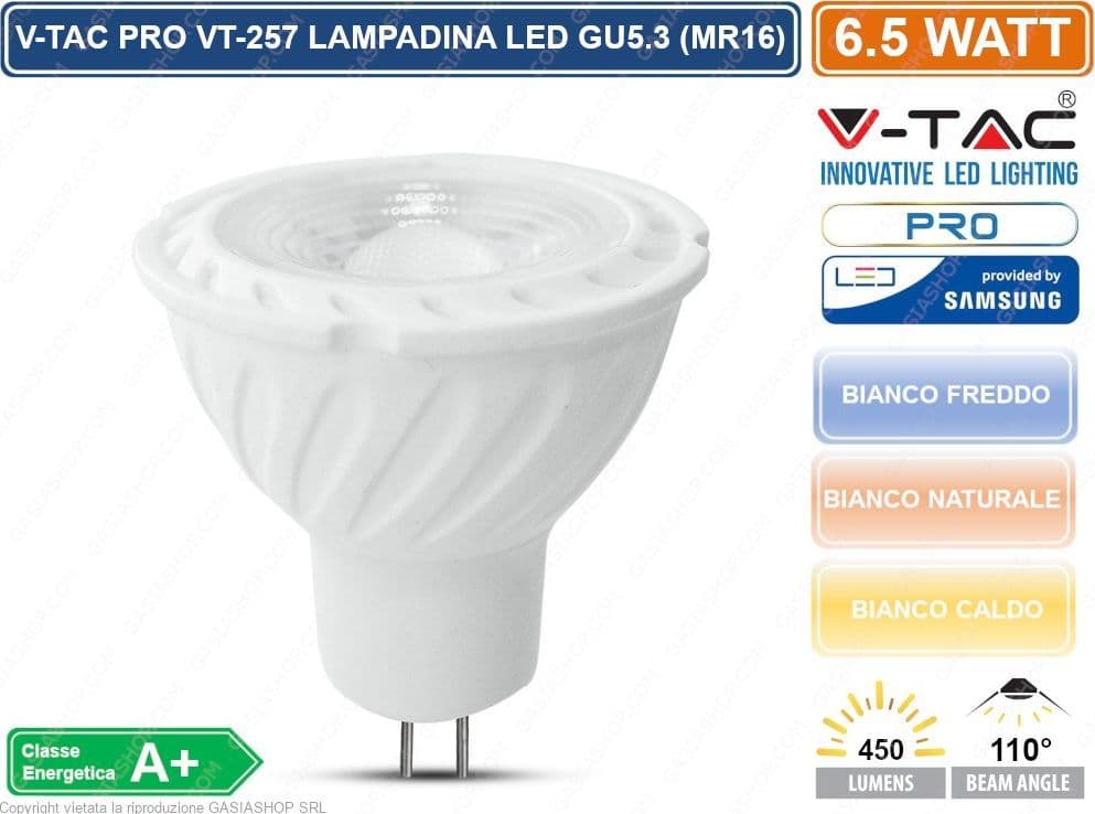 V-TAC PRO VT-257 LAMPADINA LED GU5.3 (MR16) 6,5W FARETTO SPOTLIGHT CHIP SAMSUNG - SKU 204 / 205 / 206 - 4
