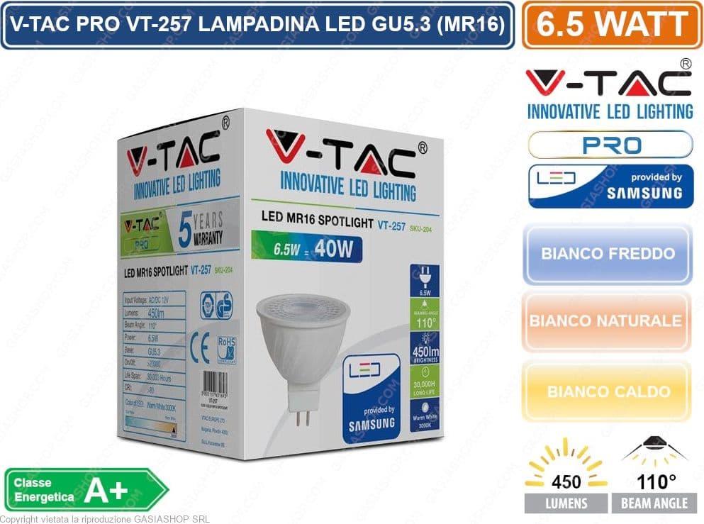 V-TAC PRO VT-257 LAMPADINA LED GU5.3 (MR16) 6,5W FARETTO SPOTLIGHT CHIP SAMSUNG - SKU 204 / 205 / 206 - 2