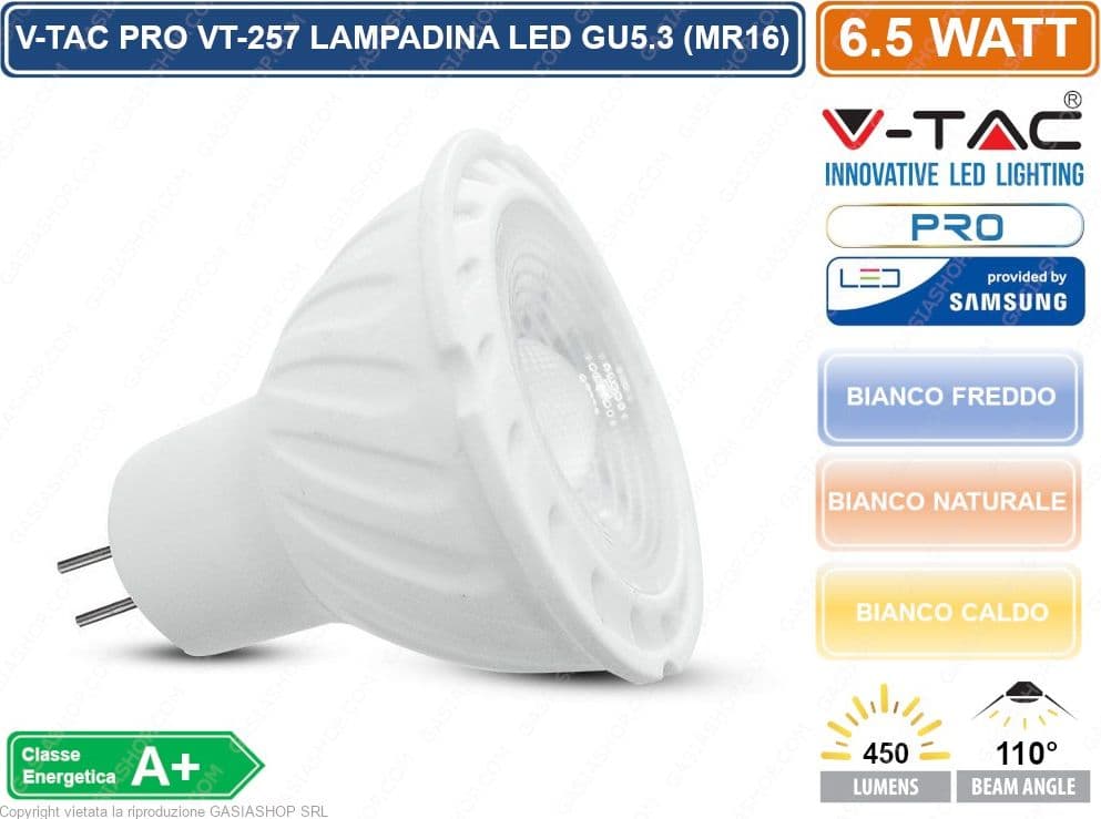 V-TAC PRO VT-257 LAMPADINA LED GU5.3 (MR16) 6,5W FARETTO SPOTLIGHT CHIP SAMSUNG - SKU 204 / 205 / 206 - 3
