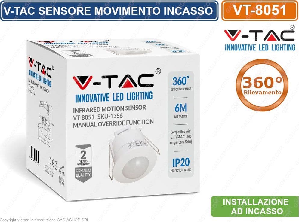 V-TAC VT-8051 SENSORE DI MOVIMENTO A INFRAROSSI PER LAMPADINE - SKU 1356 - 2