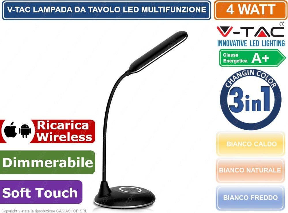 V-TAC VT-7705 LAMPADA DA TAVOLO LED 4W MULTIFUNZIONE CON STAZIONE DI RICARICA WIRELESS COLORE NERO - SKU 8604 - 2