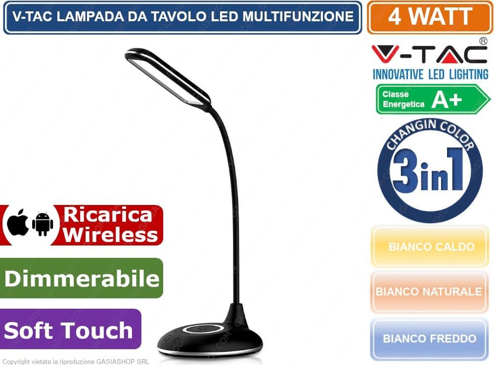 V-TAC VT-7705 LAMPADA DA TAVOLO LED 4W MULTIFUNZIONE CON STAZIONE DI RICARICA WIRELESS COLORE NERO - SKU 8604 - 3