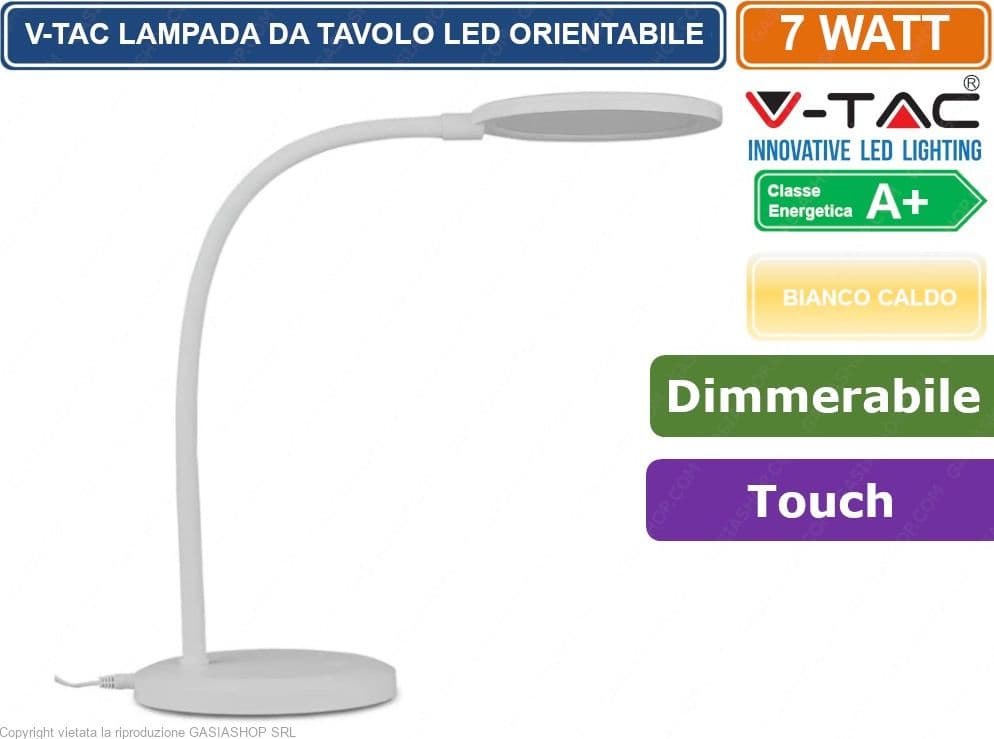 V-TAC VT-7507 LAMPADA LED DA TAVOLO 7W ORIENTABILE DIMMERABILE COLORE BIANCO - SKU 8673 - 2