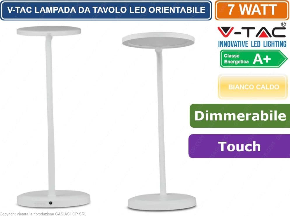 V-TAC VT-7507 LAMPADA LED DA TAVOLO 7W ORIENTABILE DIMMERABILE COLORE BIANCO - SKU 8673 - 3