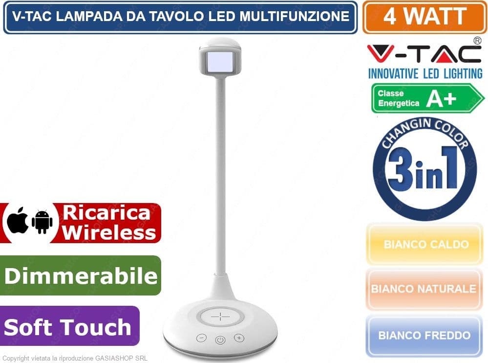 V-TAC VT-7705 LAMPADA DA TAVOLO LED 4W MULTIFUNZIONE CON STAZIONE DI RICARICA WIRELESS COLORE BIANCO - SKU 218605 - 2