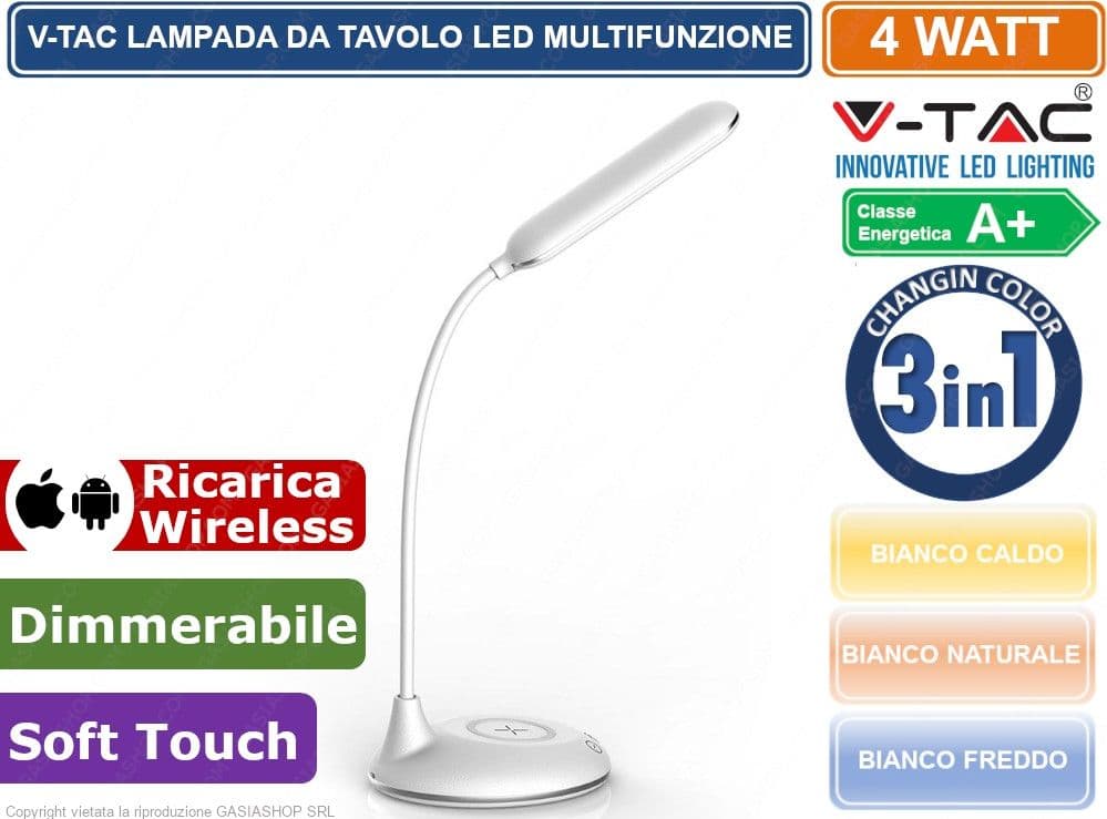 V-TAC VT-7705 LAMPADA DA TAVOLO LED 4W MULTIFUNZIONE CON STAZIONE DI RICARICA WIRELESS COLORE BIANCO - SKU 218605 - 3
