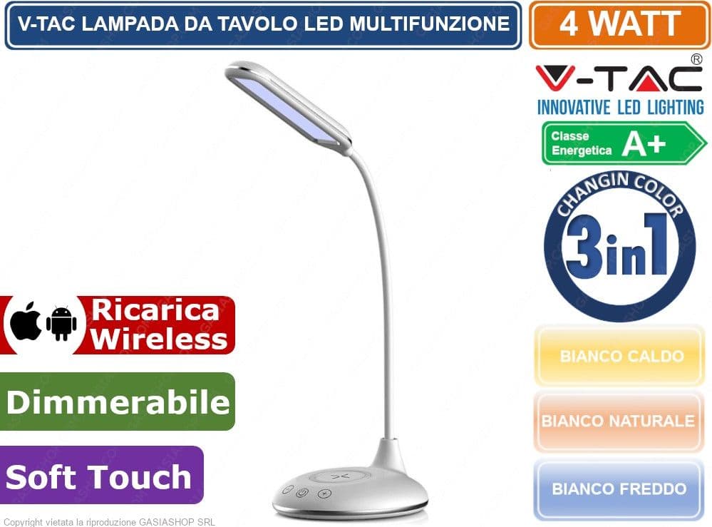 V-TAC VT-7705 LAMPADA DA TAVOLO LED 4W MULTIFUNZIONE CON STAZIONE DI RICARICA WIRELESS COLORE BIANCO - SKU 218605 - 4