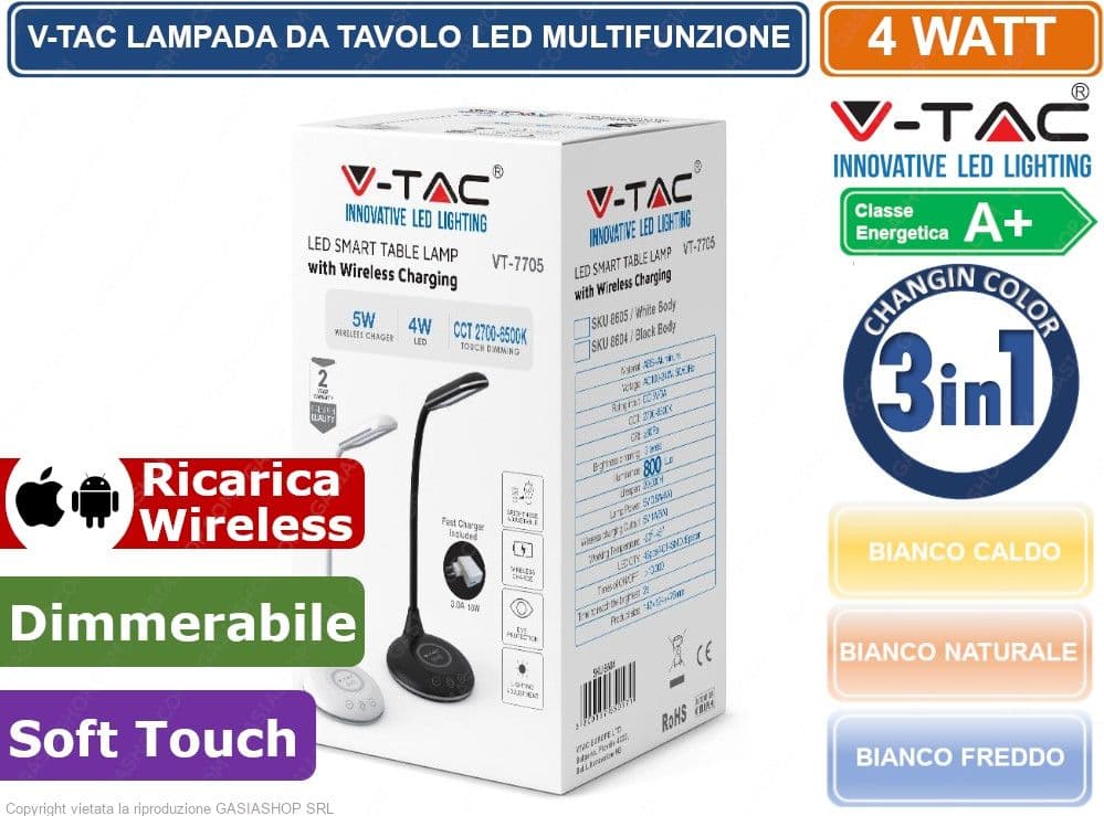 V-TAC VT-7705 LAMPADA DA TAVOLO LED 4W MULTIFUNZIONE CON STAZIONE DI RICARICA WIRELESS COLORE BIANCO - SKU 218605 - 5
