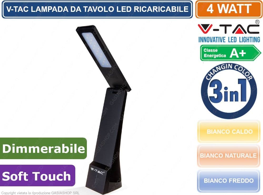 V-TAC VT-1014 LAMPADA DA TAVOLO LED 4W TOUCH DIMMERABILE RICARICABILE - NERA SKU  8500 - 2