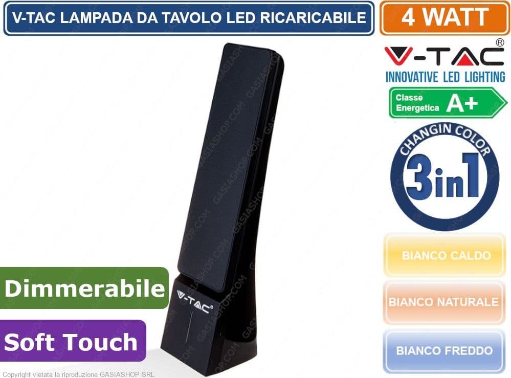 V-TAC VT-1014 LAMPADA DA TAVOLO LED 4W TOUCH DIMMERABILE RICARICABILE - NERA SKU  8500 - 3