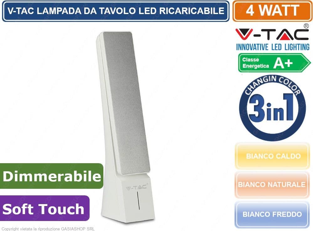 V-TAC VT-1014 LAMPADA DA TAVOLO LED 4W TOUCH DIMMERABILE RICARICABILE - BIANCA SKU 7098 - 2