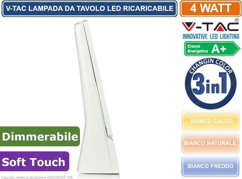 V-TAC VT-1014 LAMPADA DA TAVOLO LED 4W TOUCH DIMMERABILE RICARICABILE - BIANCA SKU 7098 - 3