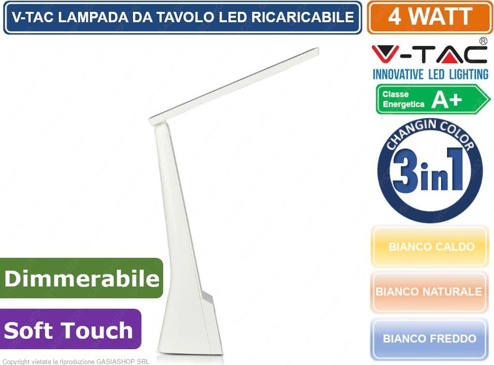 V-TAC VT-1014 LAMPADA DA TAVOLO LED 4W TOUCH DIMMERABILE RICARICABILE - BIANCA SKU 7098 - 4