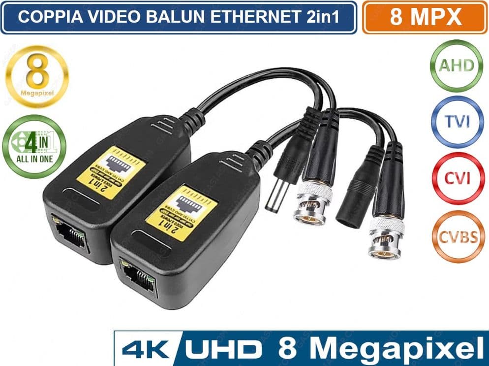COPPIA TRASMETTITORI VIDEO BALUN ETHERNET CON ALIMENTAZIONE 8MP ULTRA HD 4K