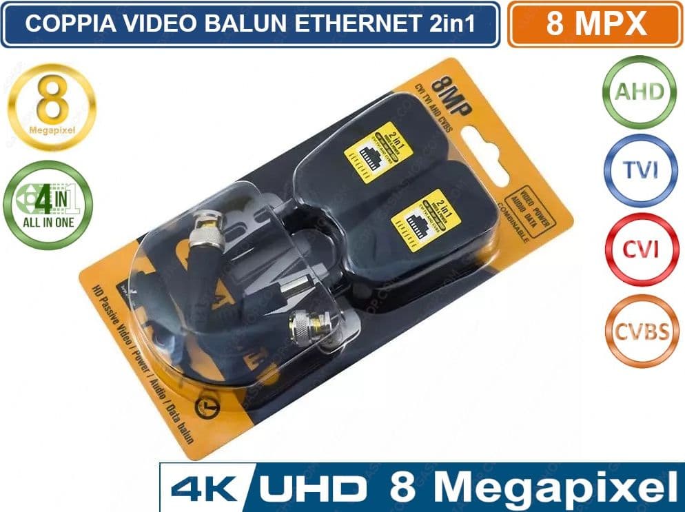 8 COPPIE TRASMETTITORI VIDEO BALUN ETHERNET CON ALIMENTAZIONE 8MP ULTRA HD 4K - 2