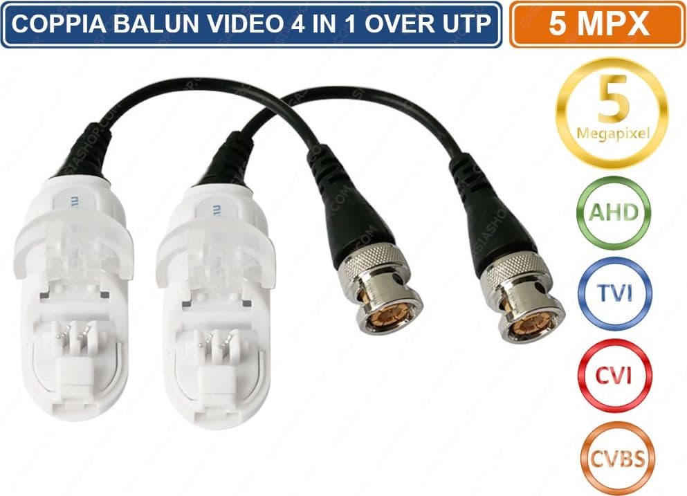 4 COPPIE TRASMETTITORI BNC VIDEO BALUN 5 MP AHD TVI CVI CVBS CON CLIPS PER CCTV - 3