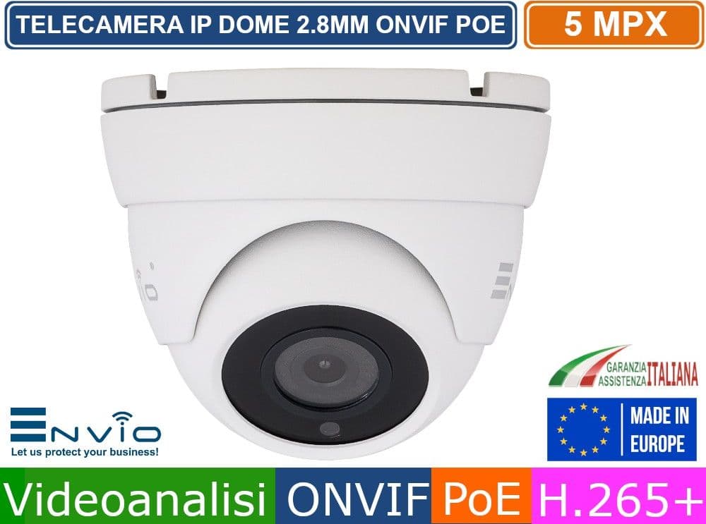 TELECAMERA DOME IP ONVIF POE 5 MEGAPIXEL 2.8MM VIDEOANALISI IP65 IR 20 METRI - 2