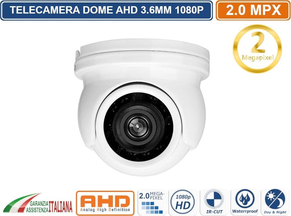 TELECAMERA VIDEOSORVEGLIANZA MINI DOME AHD 3.6mm 2MP FULL HD 1080P IR CUT IP66 - 2