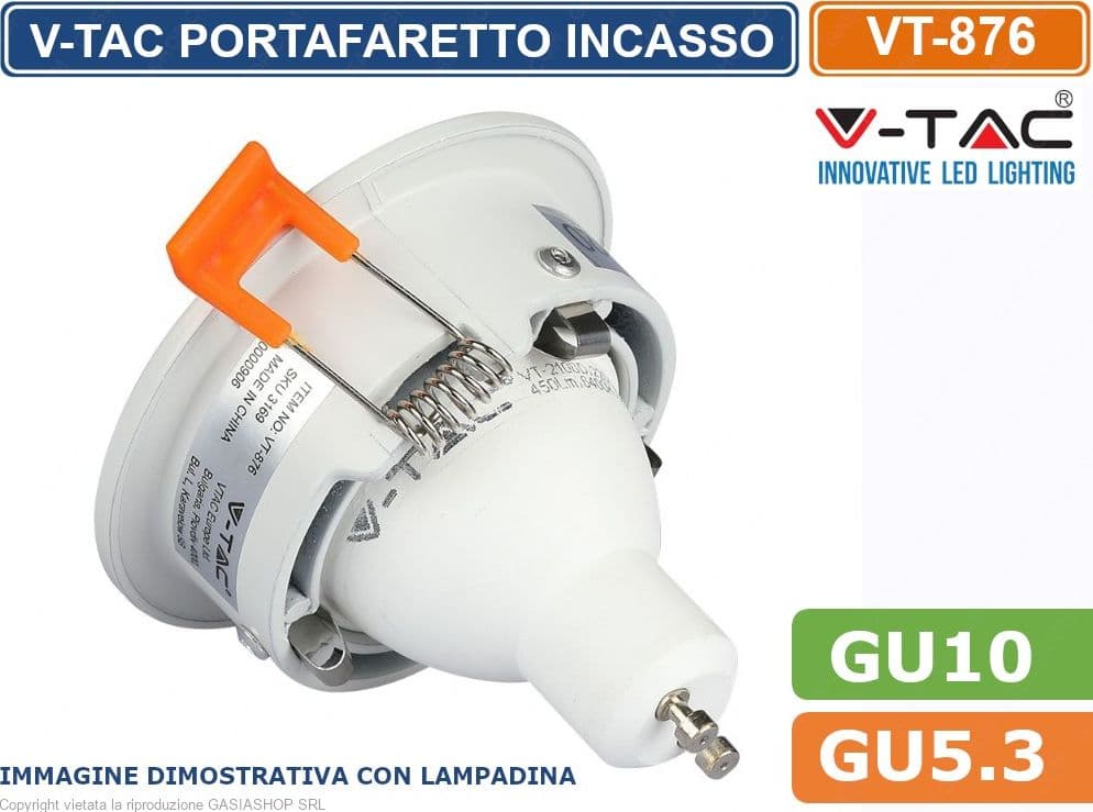 V-TAC VT-876 PORTAFARETTO ROTONDO DA INCASSO PER LAMPADINE GU10 E GU5.3 - SKU 3169 - 5