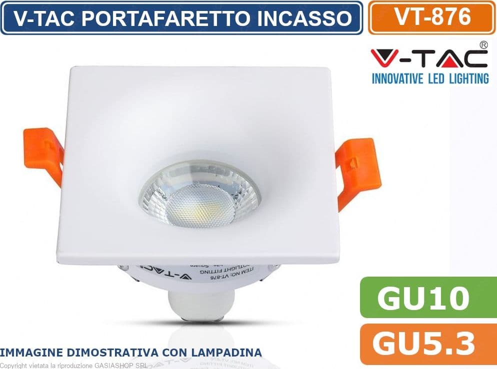 V-TAC VT-876 PORTAFARETTO QUADRATO DA INCASSO PER LAMPADINE GU10 E GU5.3 - SKU 3170 - 3
