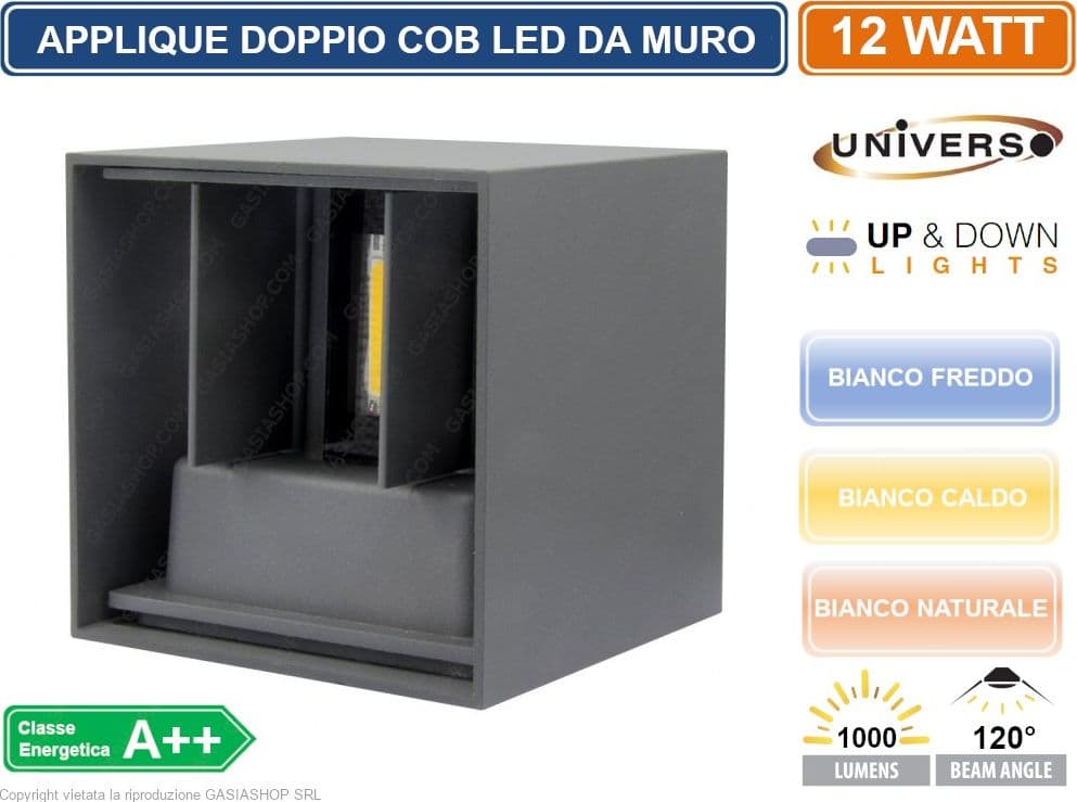 APPLIQUE LAMPADA DA MURO GRIGIA DOPPIO LED COB 12W FASCIO REGOLABILE DA ESTERNO - 2