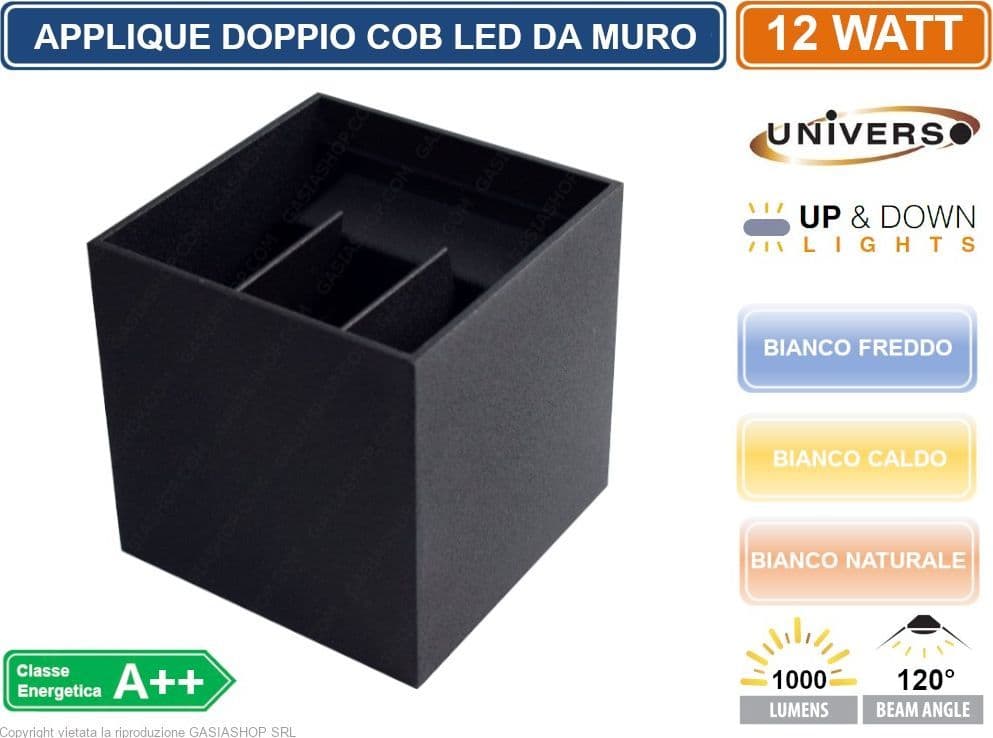 APPLIQUE LAMPADA A MURO NERA DOPPIO LED COB 12W FASCIO REGOLABILE DA ESTERNO - 4