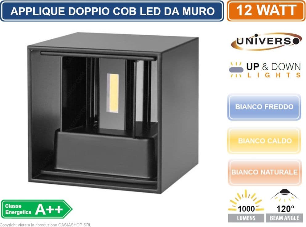 APPLIQUE LAMPADA A MURO NERA DOPPIO LED COB 12W FASCIO REGOLABILE DA ESTERNO - 2