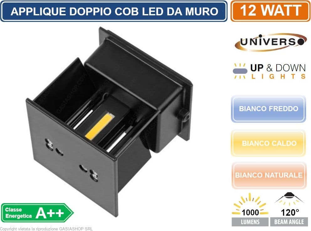 APPLIQUE LAMPADA A MURO NERA DOPPIO LED COB 12W FASCIO REGOLABILE DA ESTERNO - 3