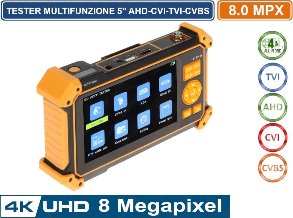 TESTER MULTIFUNZIONE 5" CCTV 4in1 AHD - TVI - CVI - CVBS 8 MP ULTRA HD 4K