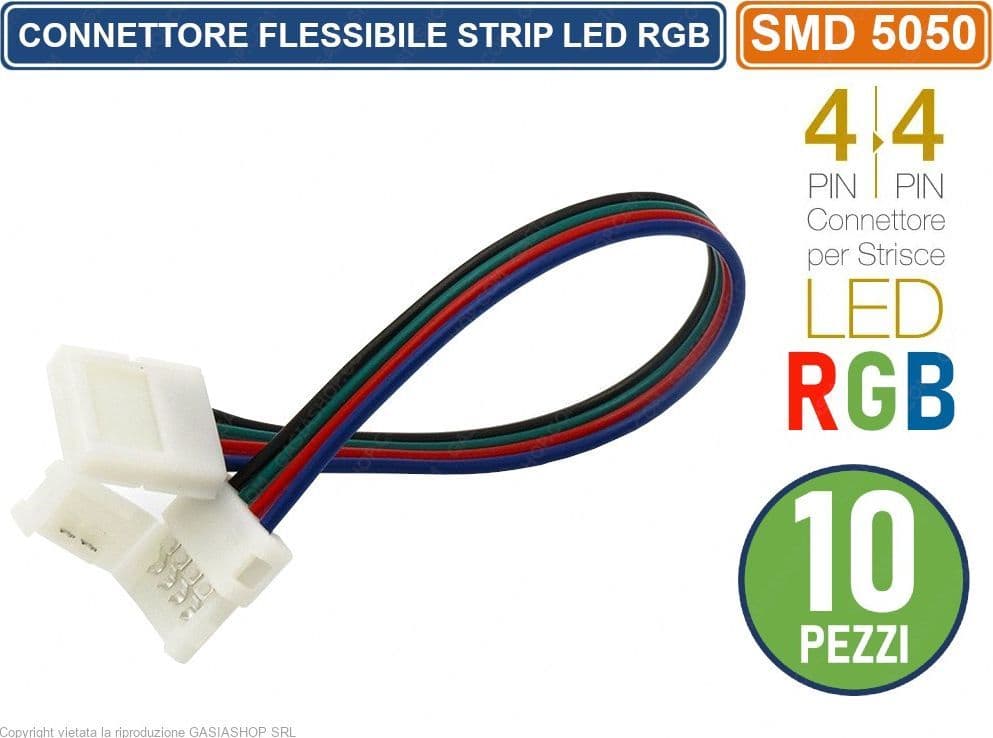 CONFEZIONE 10 PEZZI CONNETTORE FLESSIBILE PER STRISCE LED MULTICOLORE RGB 5050 CLIP 4 PIN - 3