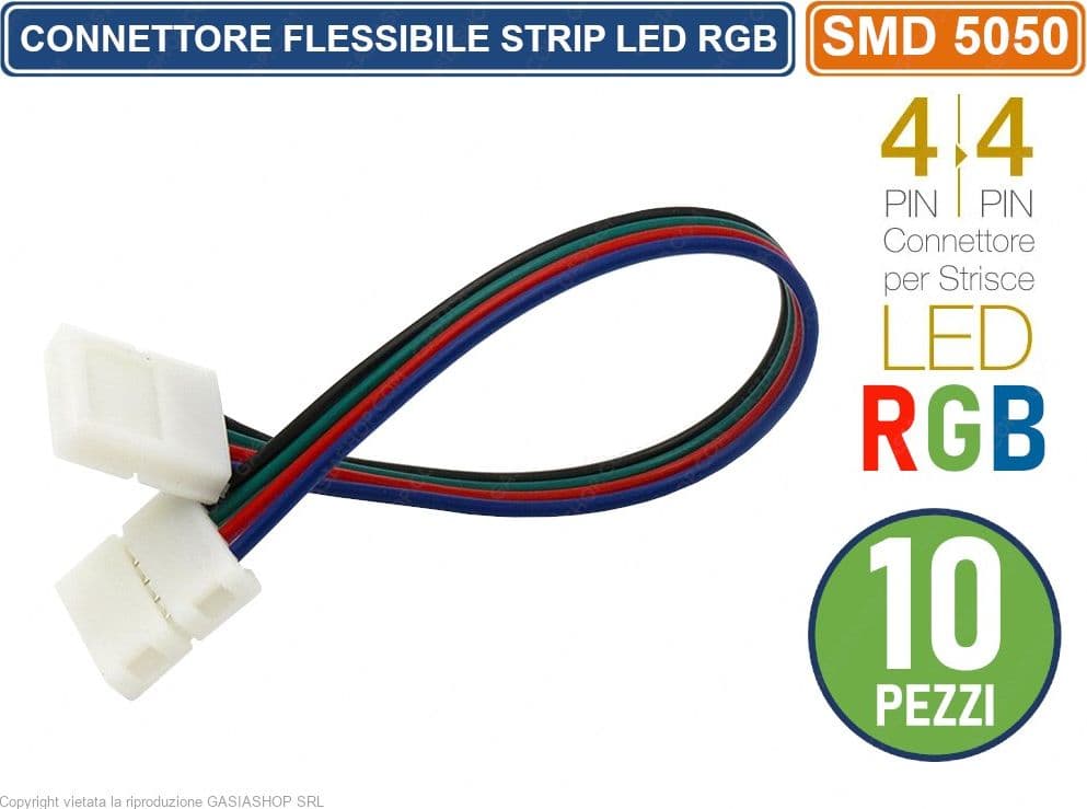 CONFEZIONE 10 PEZZI CONNETTORE FLESSIBILE PER STRISCE LED MULTICOLORE RGB 5050 CLIP 4 PIN - 2