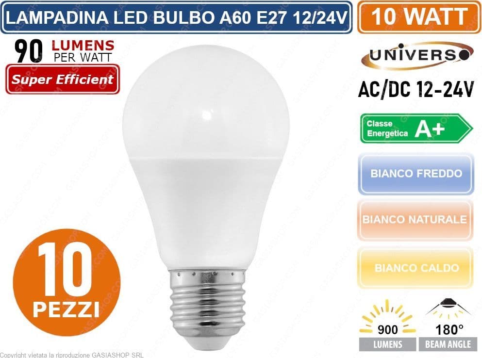 KIT 10 LAMPADINE LED E27 AC/DC 12V 24V BULB A60 10W 900 LUMEN - 2